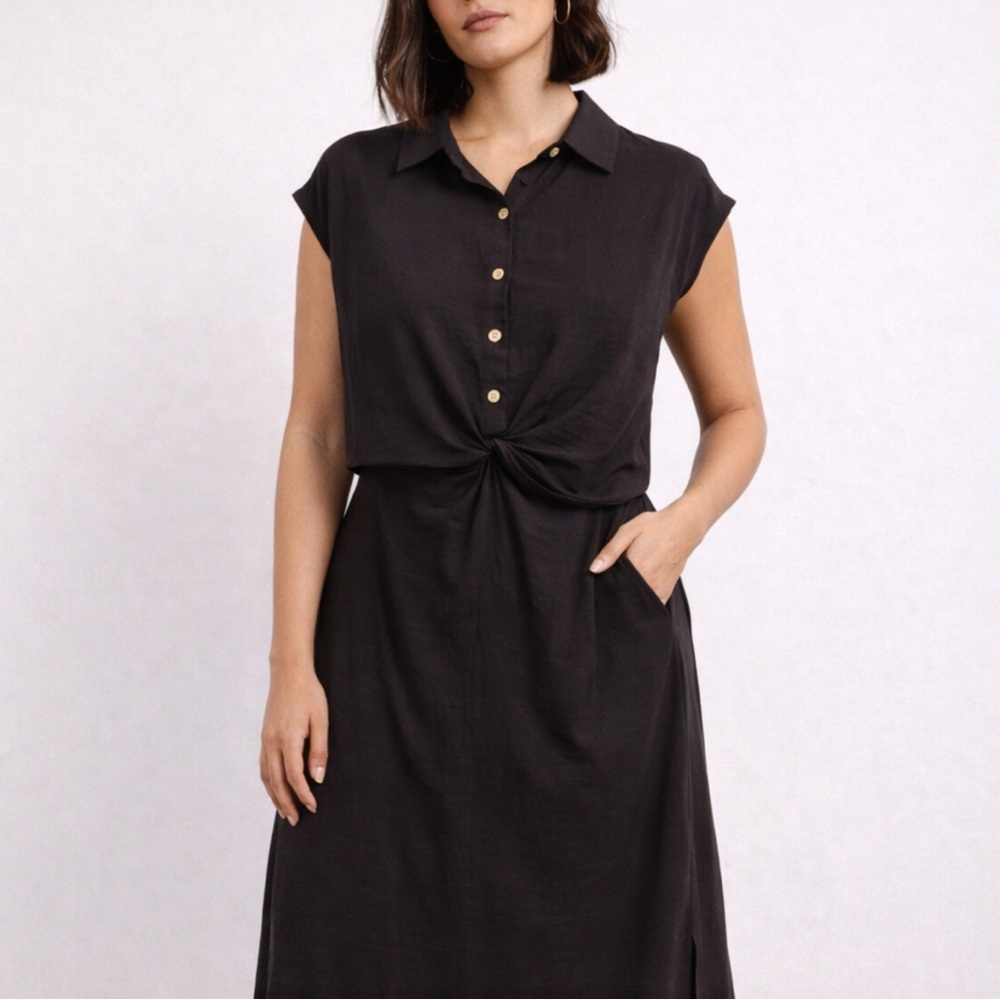 Black Twist-Front Midi Dress | Cap Sleeve | Size L |